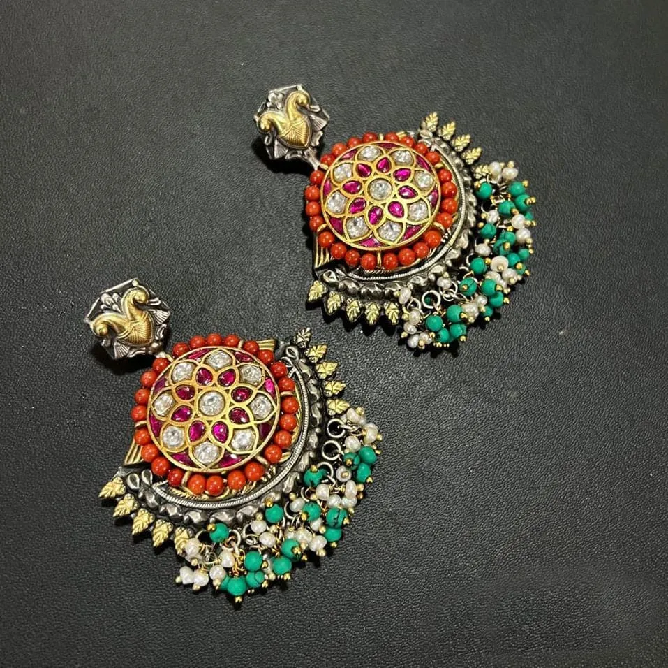 925 antique silver earring, with 18k gold plated natural multi color stone\ traditional jewellery for man and woman