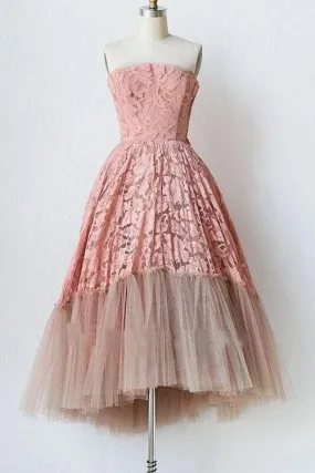 A Line Pink Lace Strapless Sleeveless Short Prom Dresses Tulle Homecoming Dresses