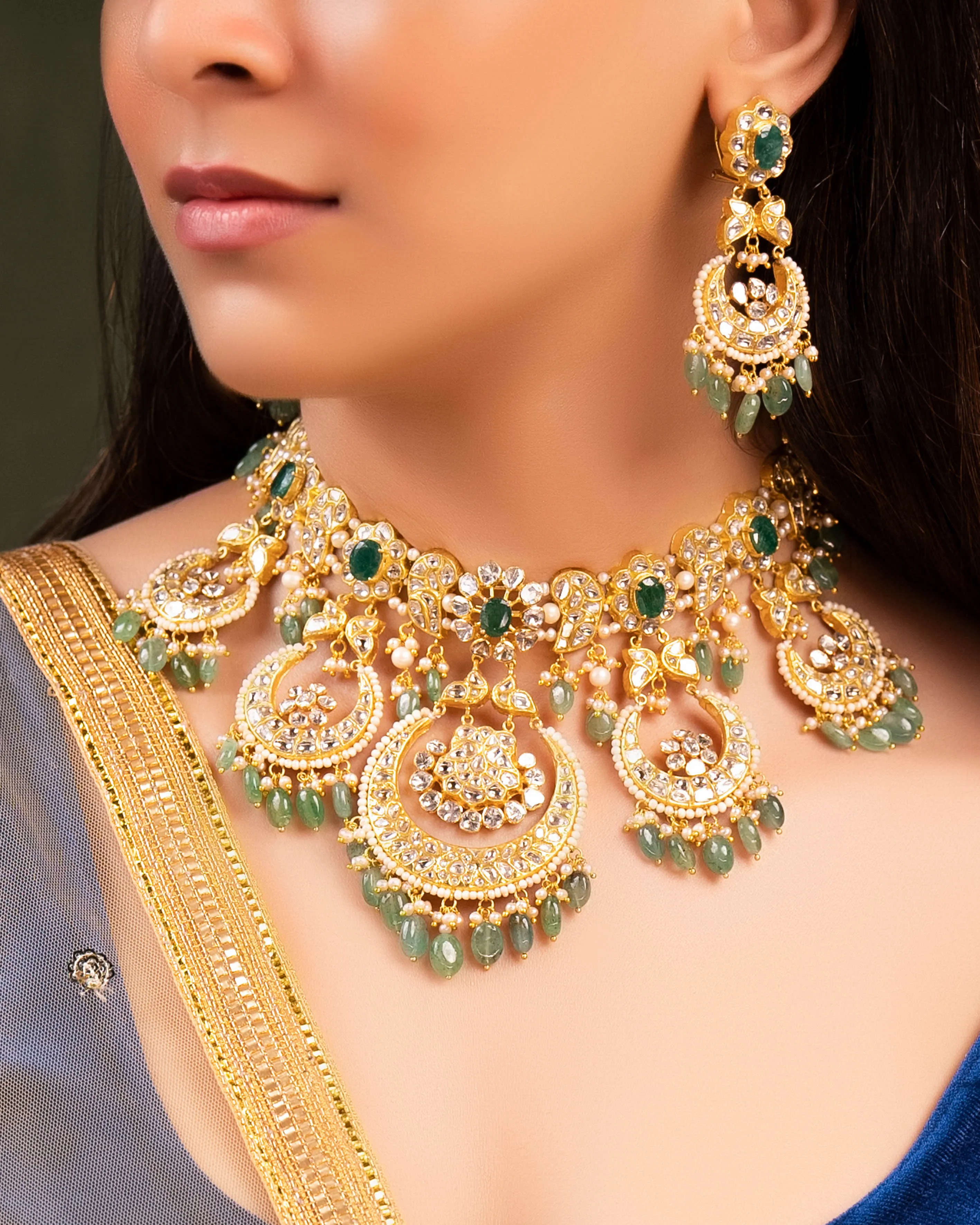 Aarini Necklace And Ekisha Chandbalis Polki Set