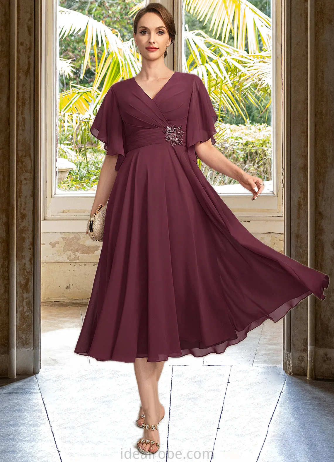 Abigail A-line V-Neck Tea-Length Chiffon Mother of the Bride Dress With Beading Pleated STKP0021774