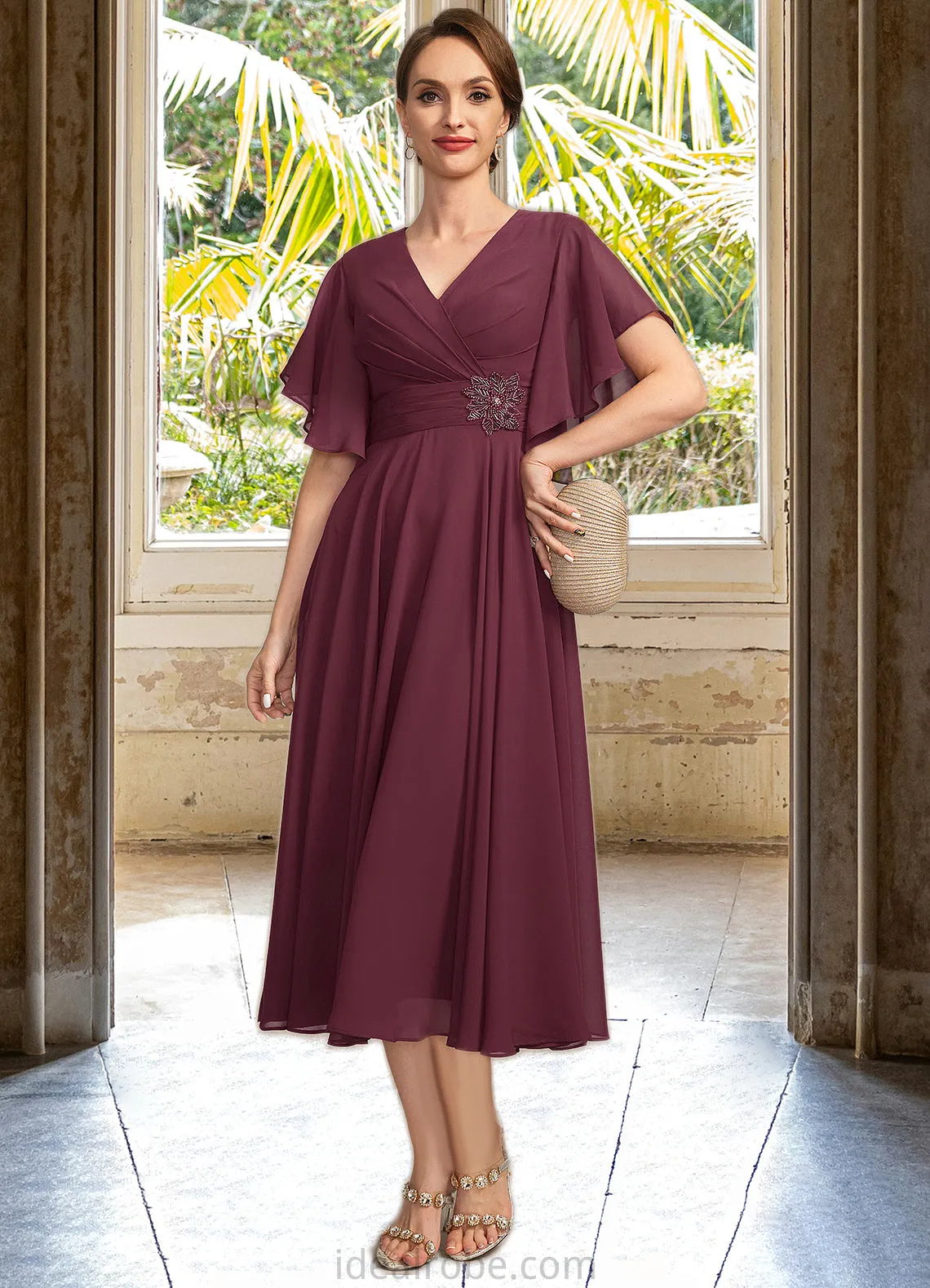 Abigail A-line V-Neck Tea-Length Chiffon Mother of the Bride Dress With Beading Pleated STKP0021774