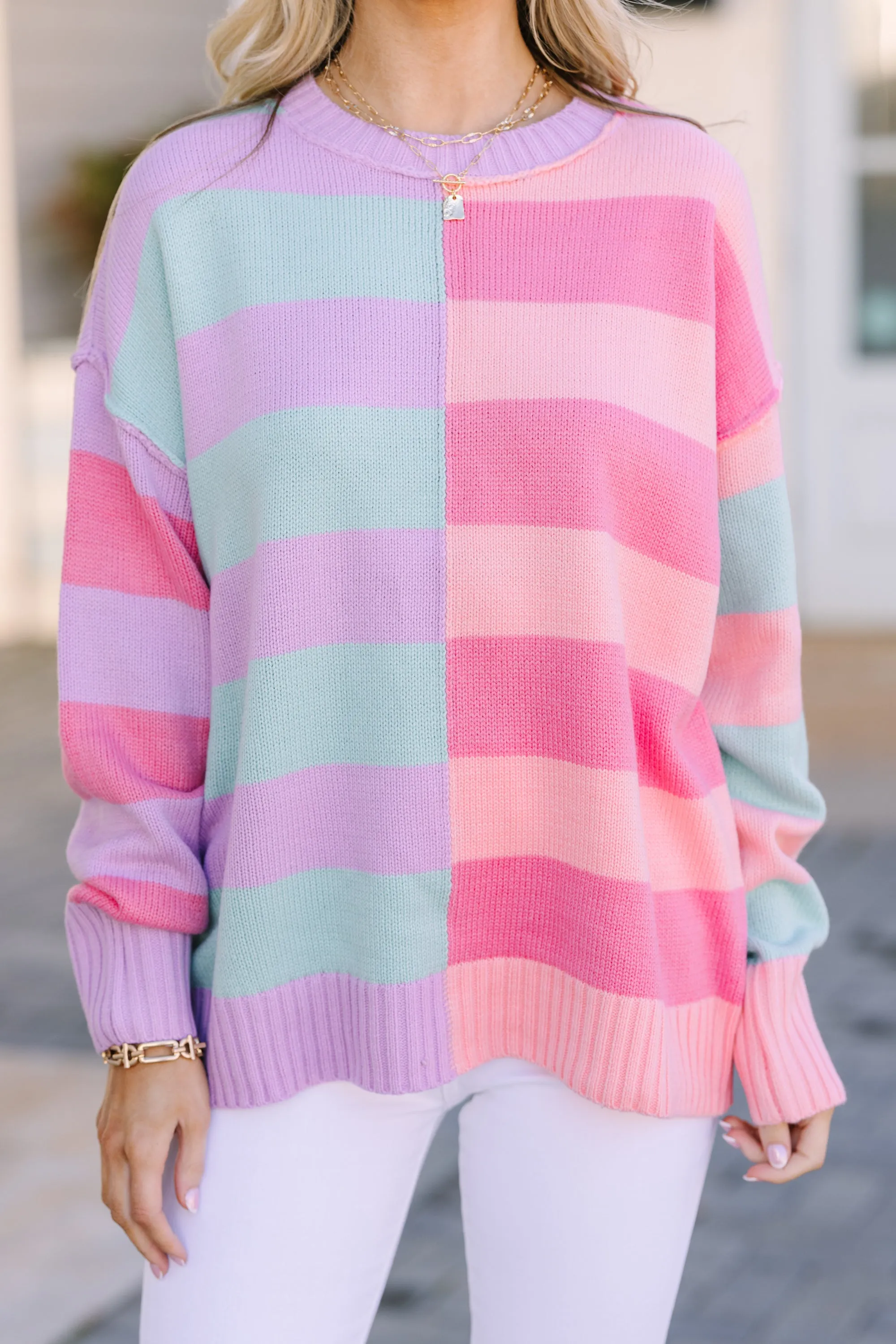 All About You Mint & Coral Striped Sweater