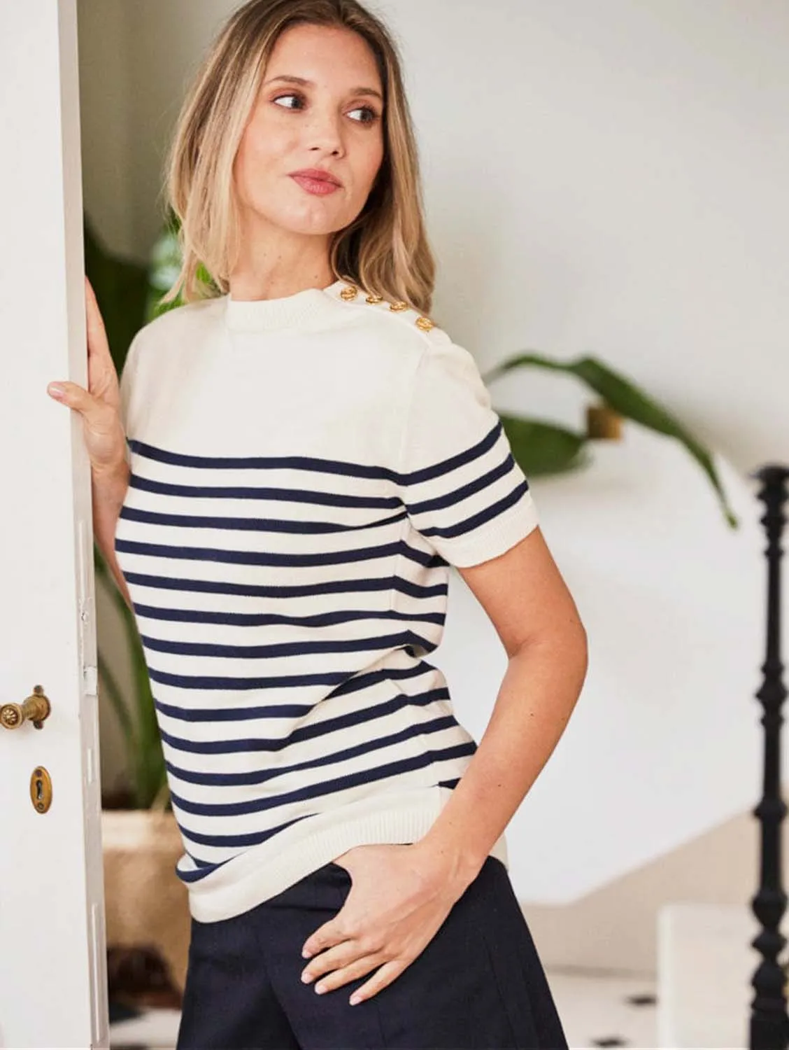 Anemone Organic Cotton Striped Sailor Jumper | Ecru