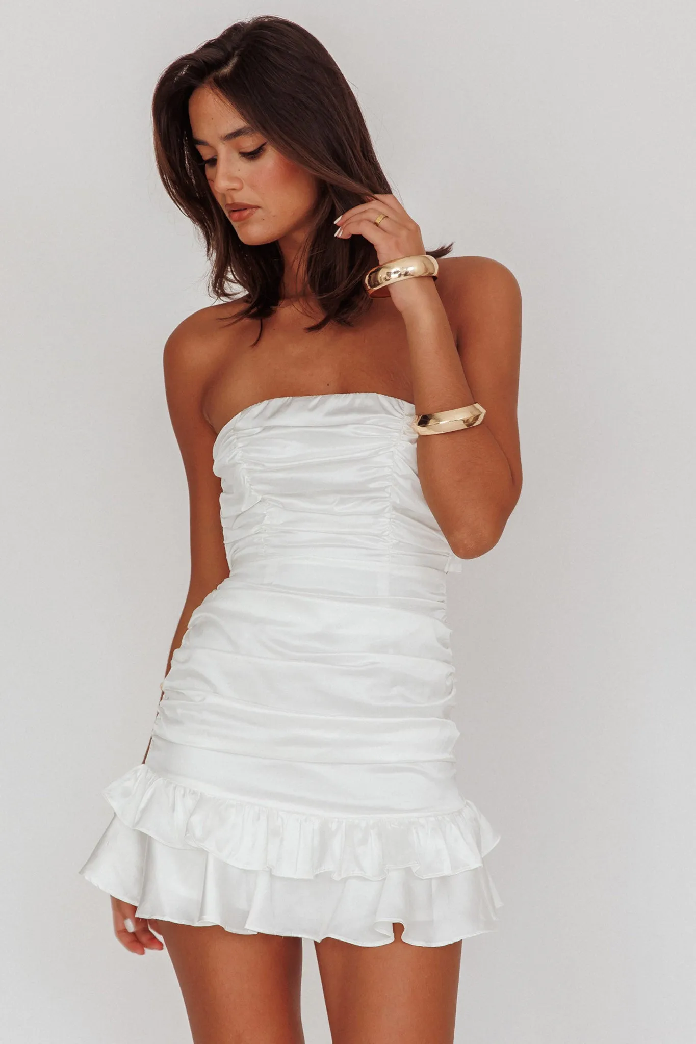 Annabella Strapless Tied Back Satin Mini Dress White