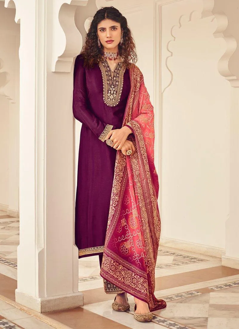 Art Silk Fabric Purple Color Zari Work Palazzo Salwar Suit