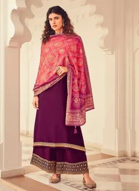 Art Silk Fabric Purple Color Zari Work Palazzo Salwar Suit