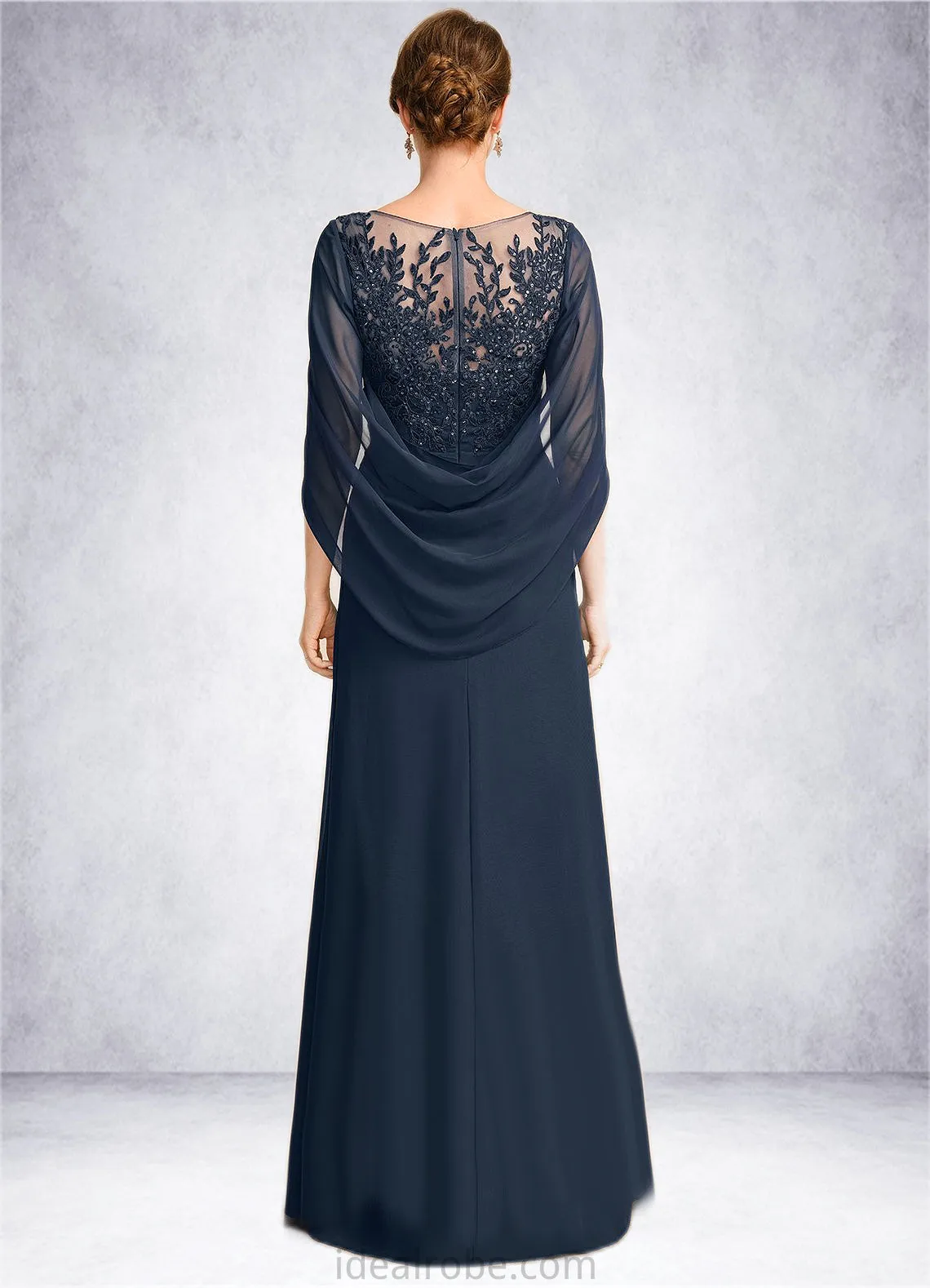 Aubrie A-line Scoop Illusion Floor-Length Chiffon Lace Mother of the Bride Dress With Pleated Sequins STKP0021625