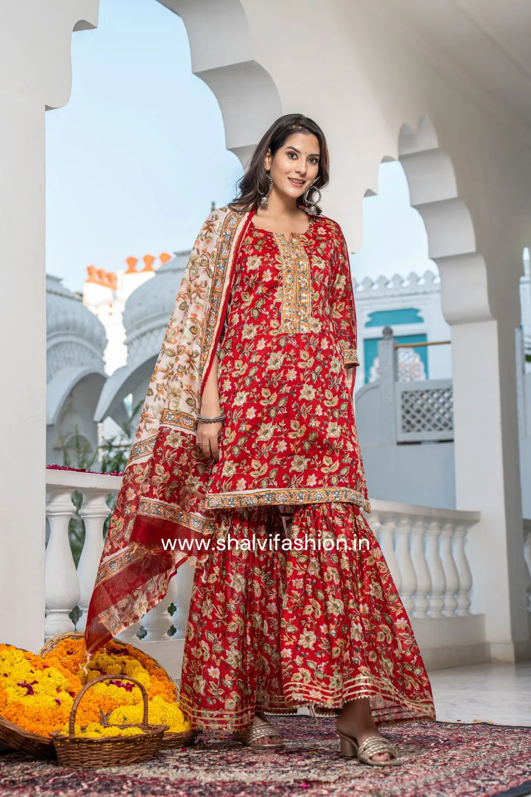 Bahar Collection : Hand Block Print Chanderi Silk Sharara Suit Set (CSS117)