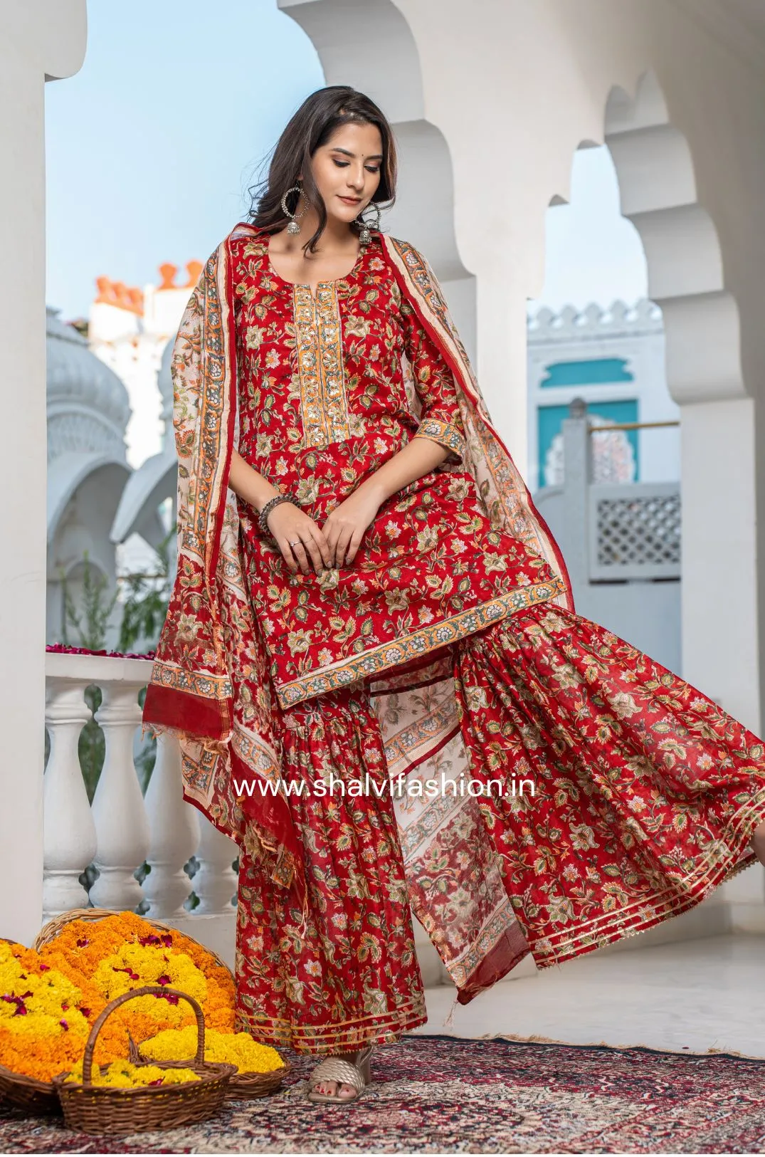 Bahar Collection : Hand Block Print Chanderi Silk Sharara Suit Set (CSS117)