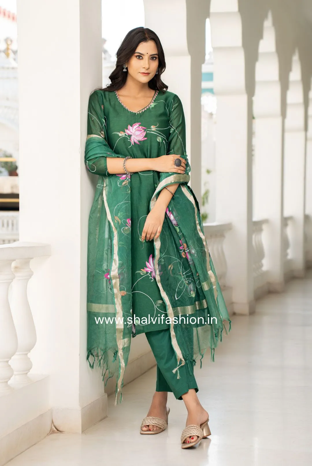 Bahar Hand Painted Chanderi Silk Suit Set with Organza Dupatta (CSS113)