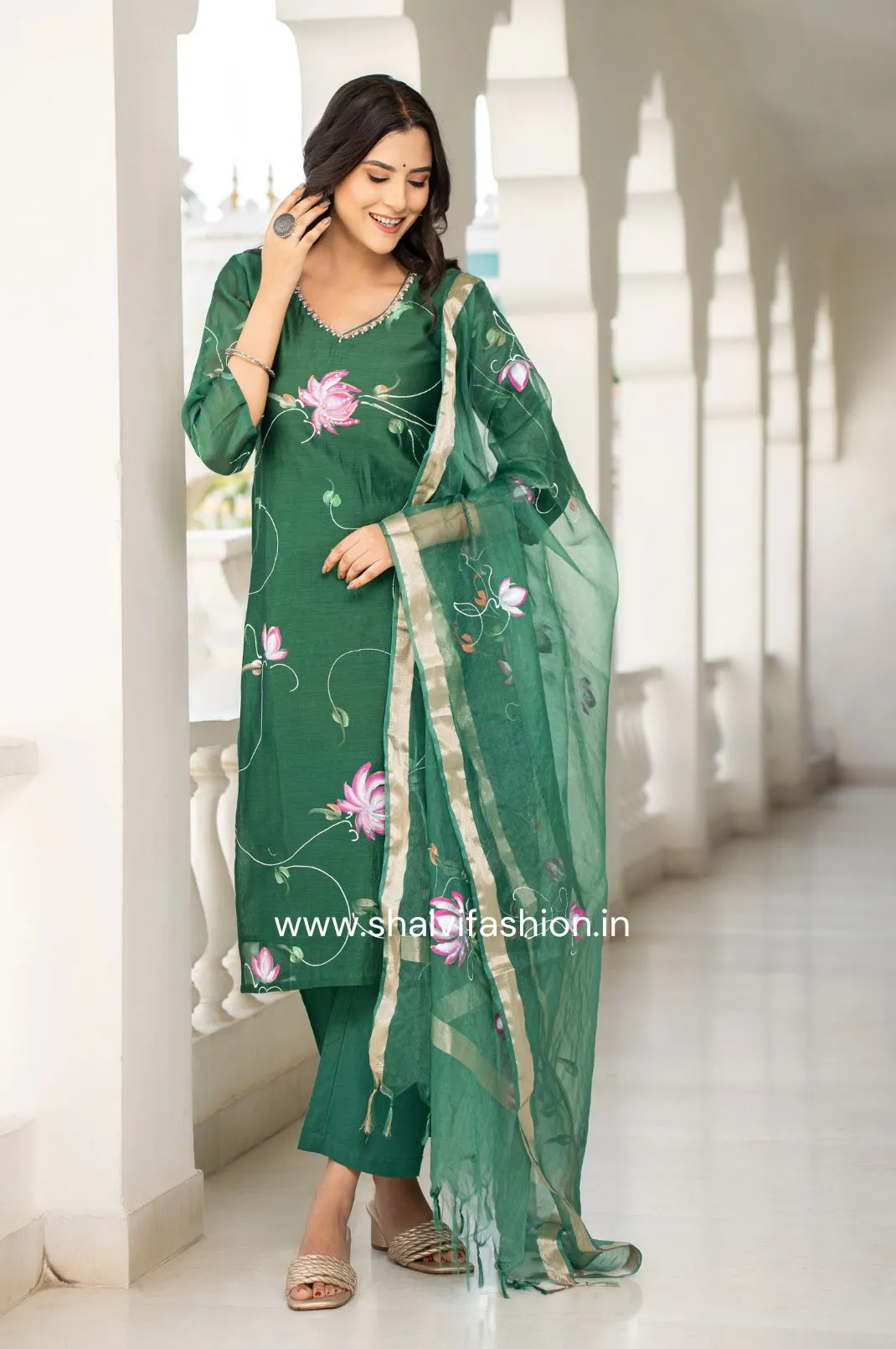 Bahar Hand Painted Chanderi Silk Suit Set with Organza Dupatta (CSS113)