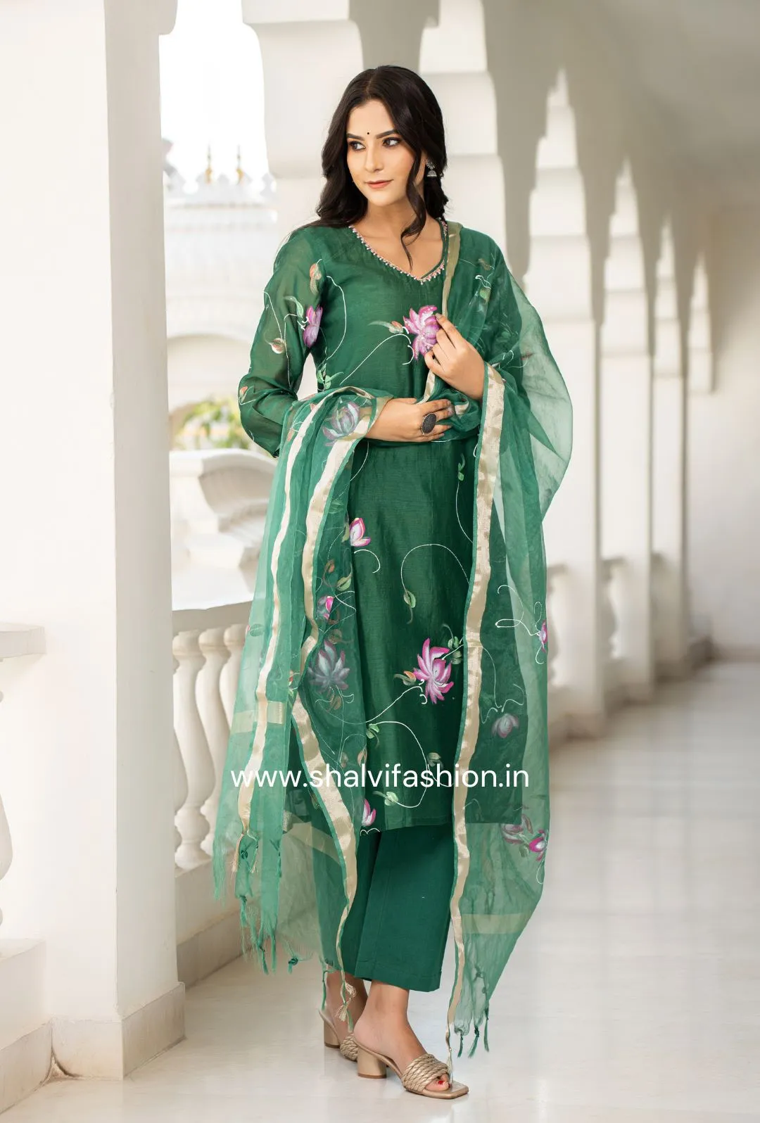 Bahar Hand Painted Chanderi Silk Suit Set with Organza Dupatta (CSS113)