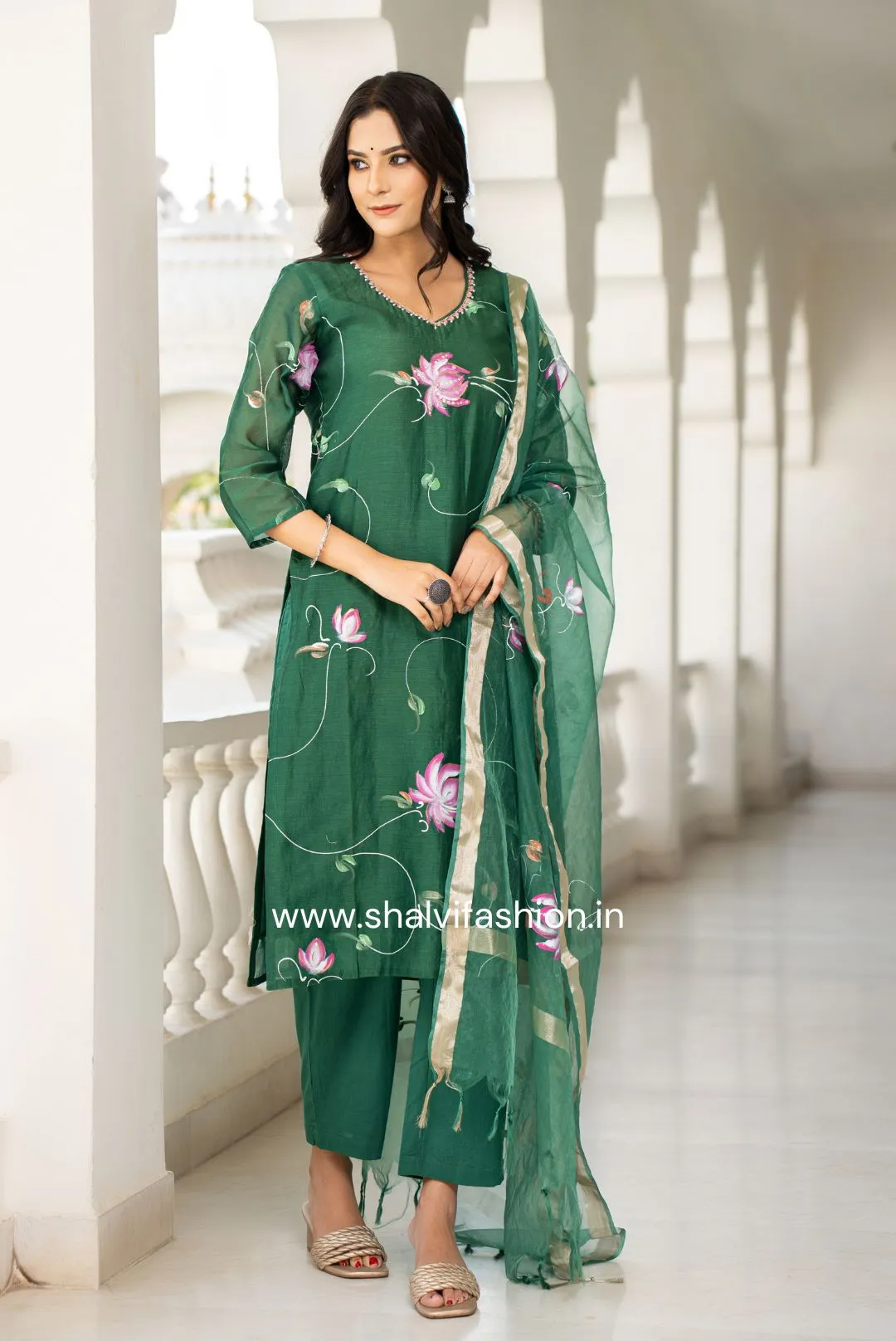 Bahar Hand Painted Chanderi Silk Suit Set with Organza Dupatta (CSS113)