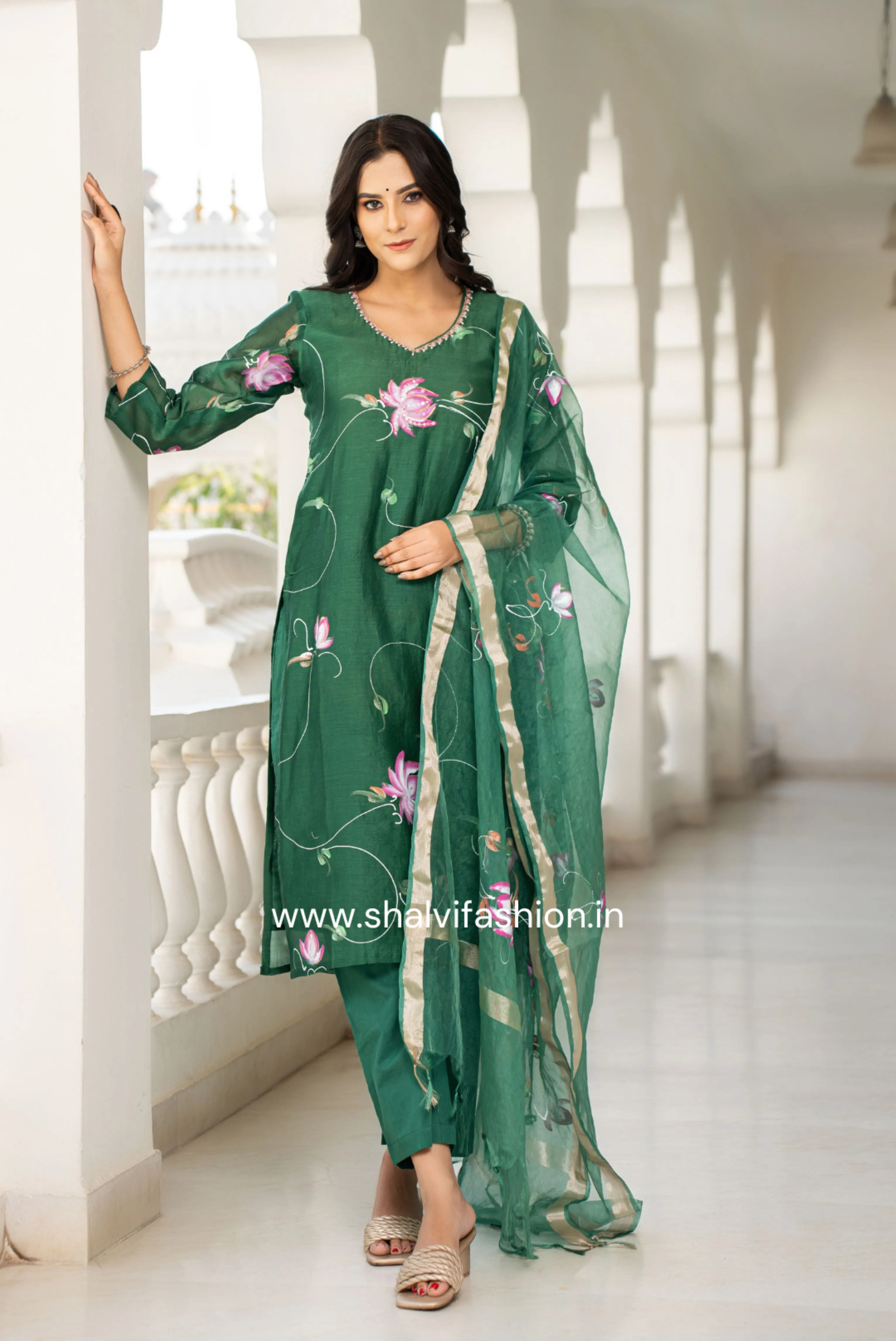 Bahar Hand Painted Chanderi Silk Suit Set with Organza Dupatta (CSS113)