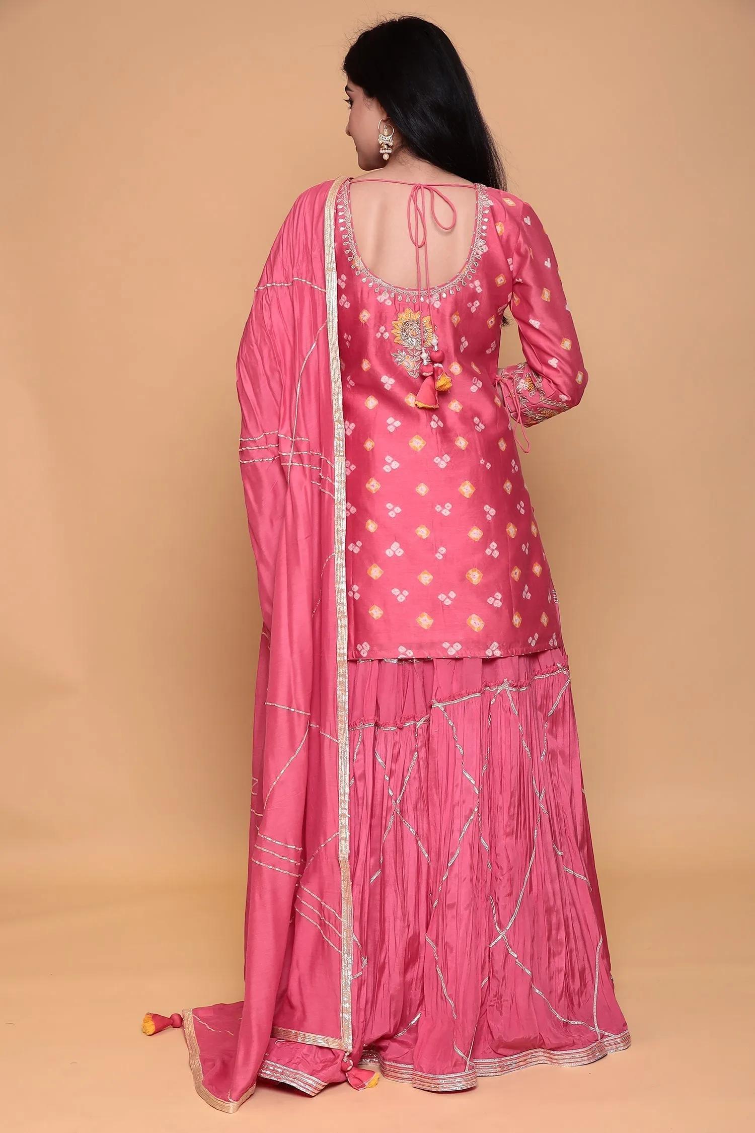 Bandhej Silk Suit with Gota, Gota Patti, Thread work.