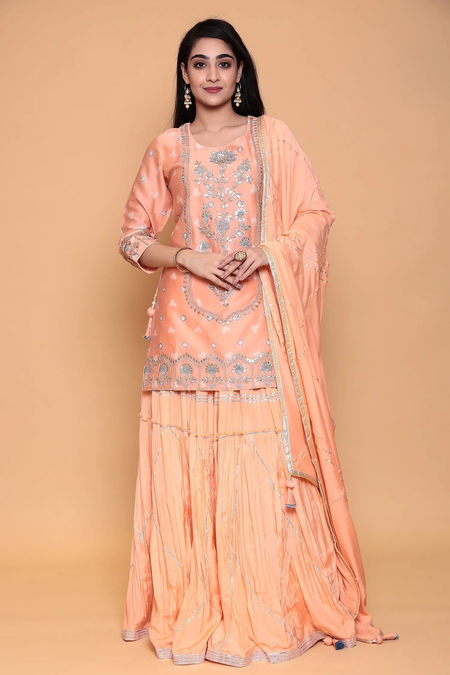 Bandhej Silk Suit with Gota, Gota Patti, Thread work.