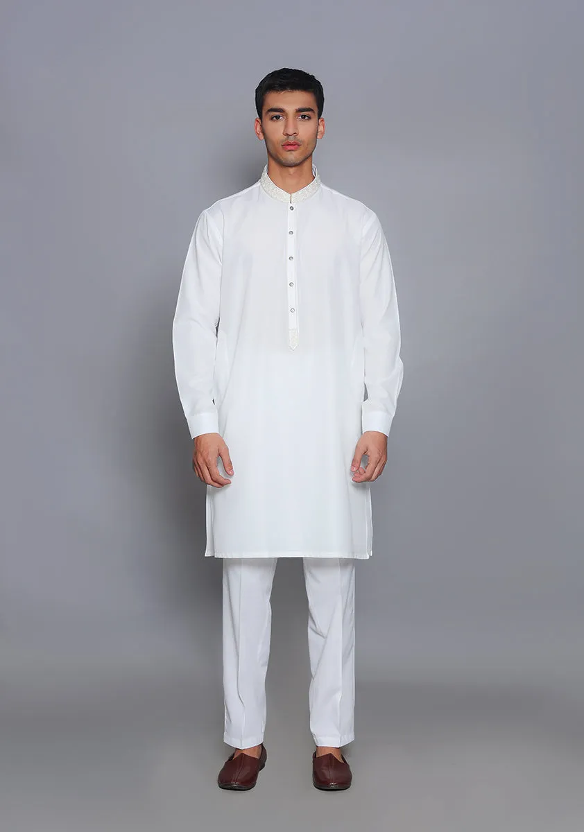 Basic Cotton Silk Cloud Dancer Slim Fit Embroidered Suit