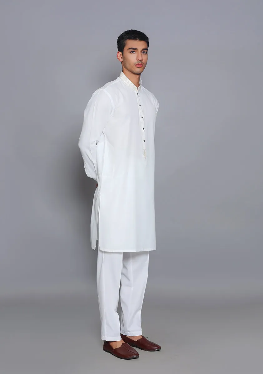 Basic Cotton Silk Cloud Dancer Slim Fit Embroidered Suit