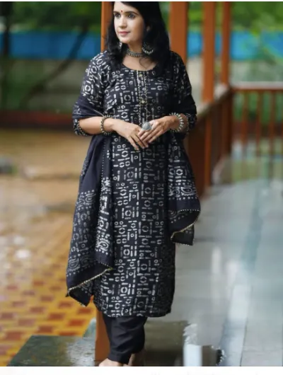 Black Handblock Cotton Salwar Suit with Dupatta