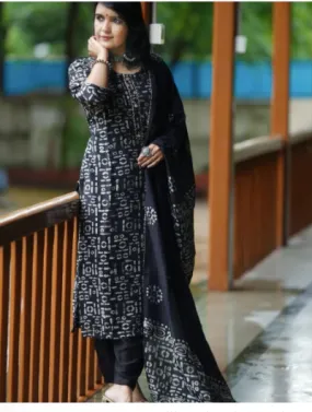 Black Handblock Cotton Salwar Suit with Dupatta