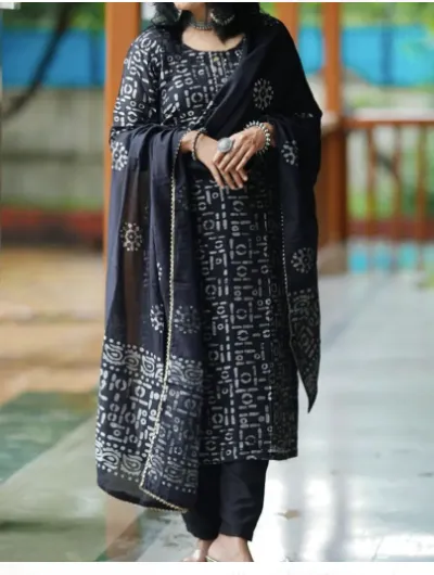 Black Handblock Cotton Salwar Suit with Dupatta