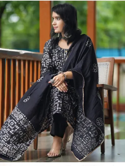 Black Handblock Cotton Salwar Suit with Dupatta