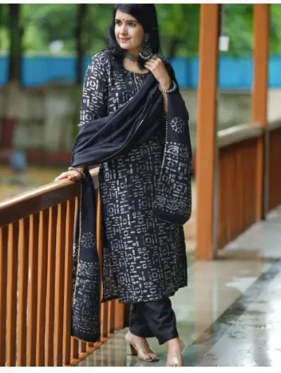 Black Handblock Cotton Salwar Suit with Dupatta