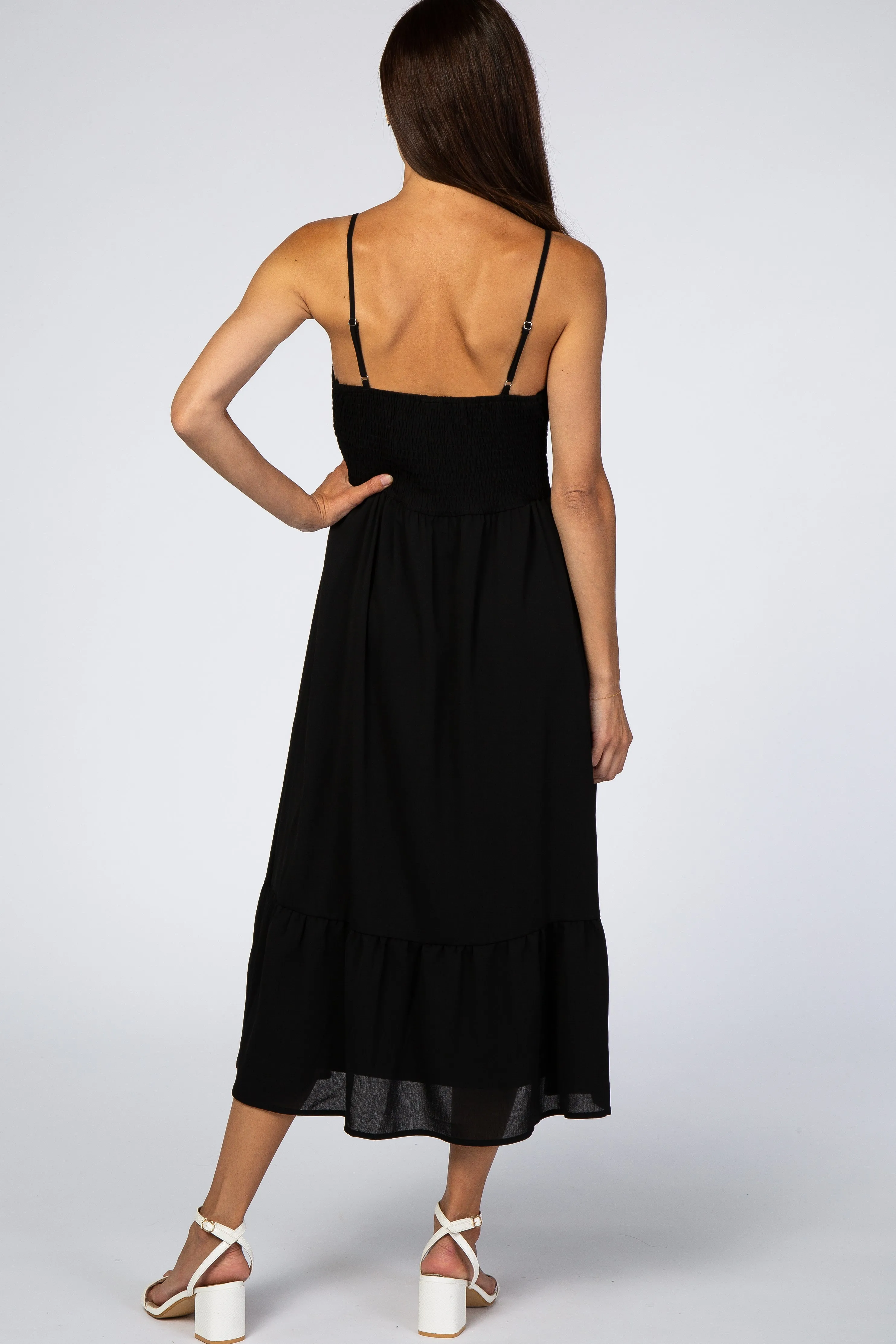 Black Smocked Chiffon Midi Dress