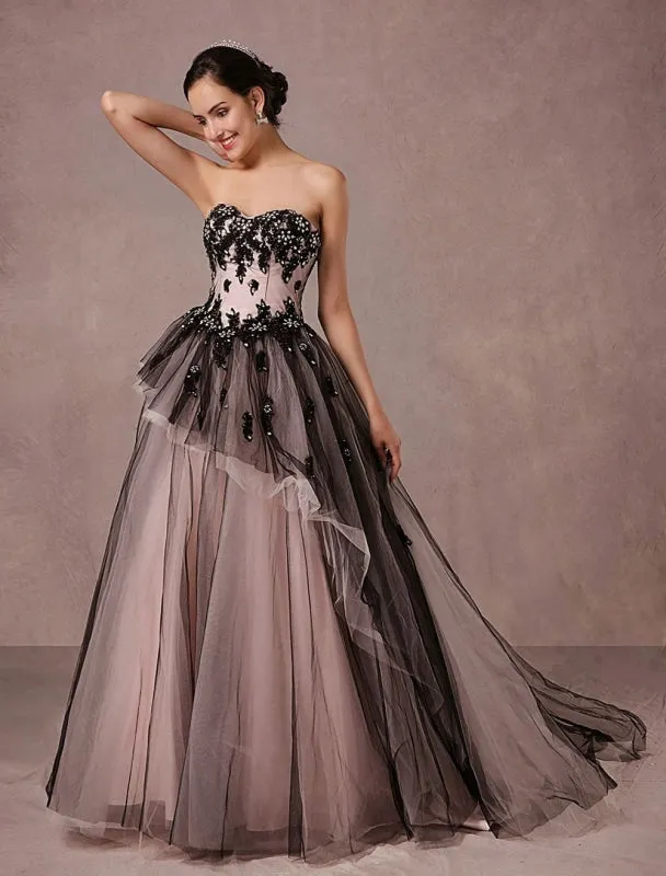 Black Wedding Dress Lace Tulle Chapel Train Bridal Gown Strapless Sweetheart A-Line Luxury Princess Pageant Dress