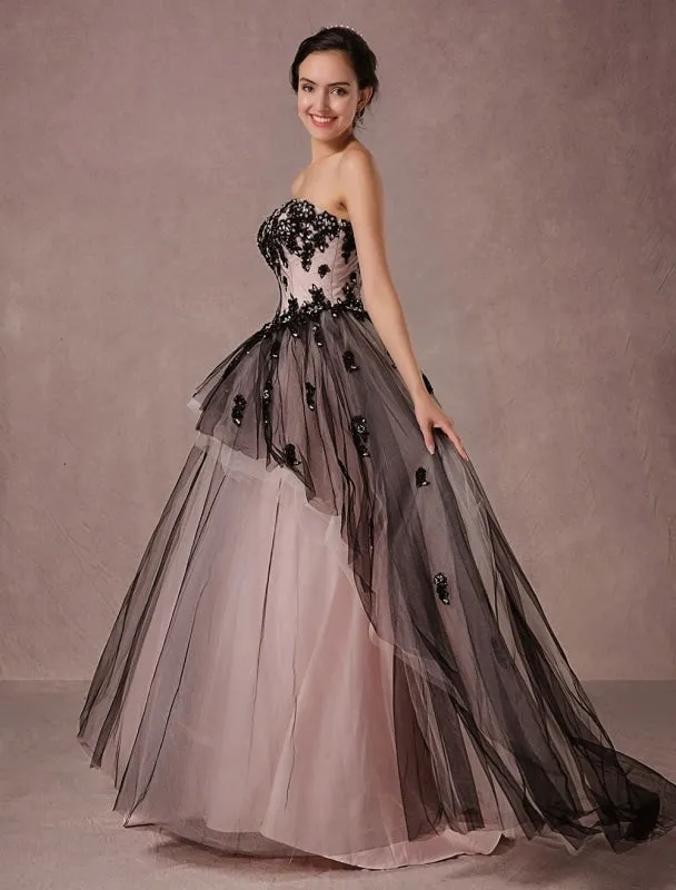 Black Wedding Dress Lace Tulle Chapel Train Bridal Gown Strapless Sweetheart A-Line Luxury Princess Pageant Dress