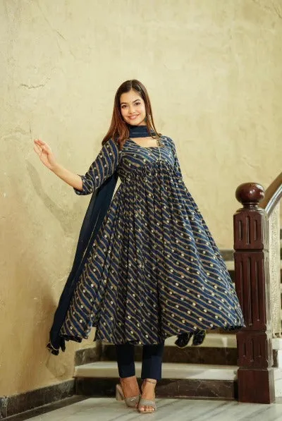 Blue Alia Pattern Leheriya Print Salwar Suit Set