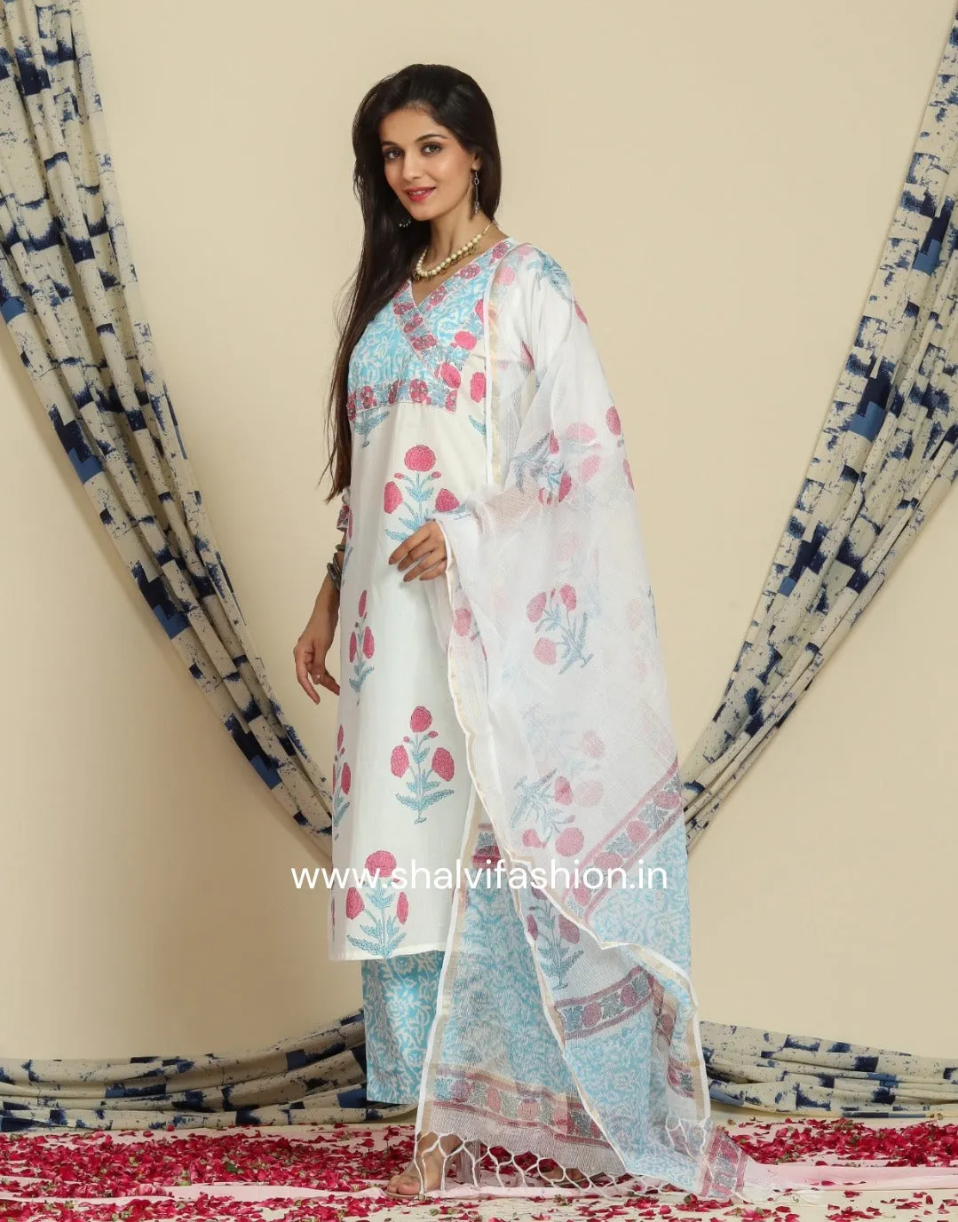 Blue Buta Hand Block Print Cotton Suit Set with Kota Doria Dupatta (CSS72KD)