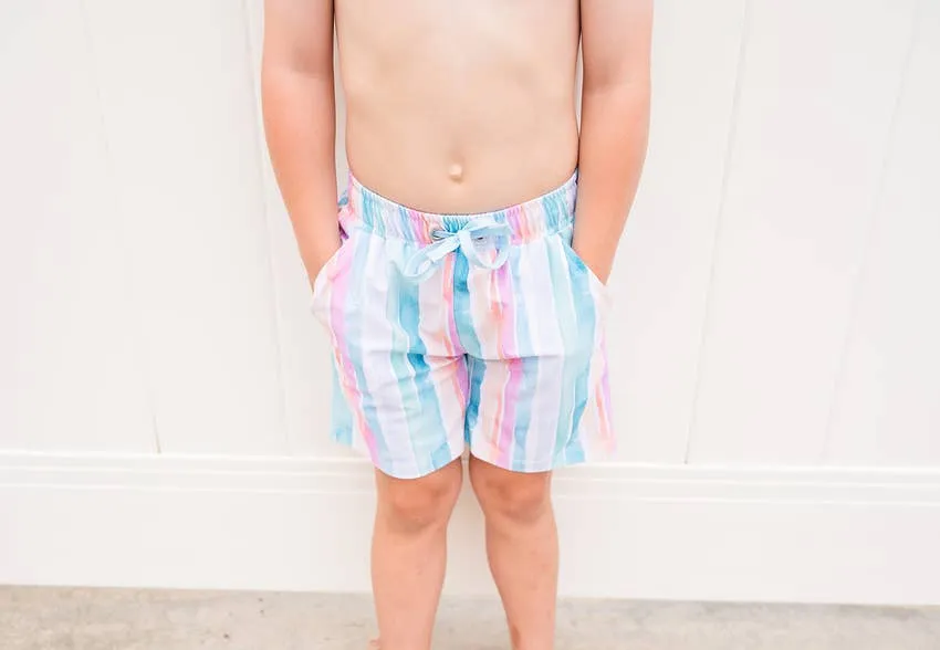 Boy Swim Shorts in Watercolor Stripe