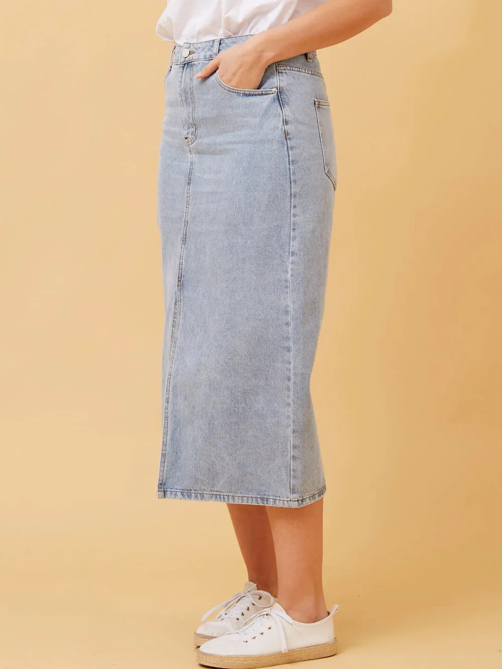 CAROLINE K MORGAN DENIM MIDI SKIRT