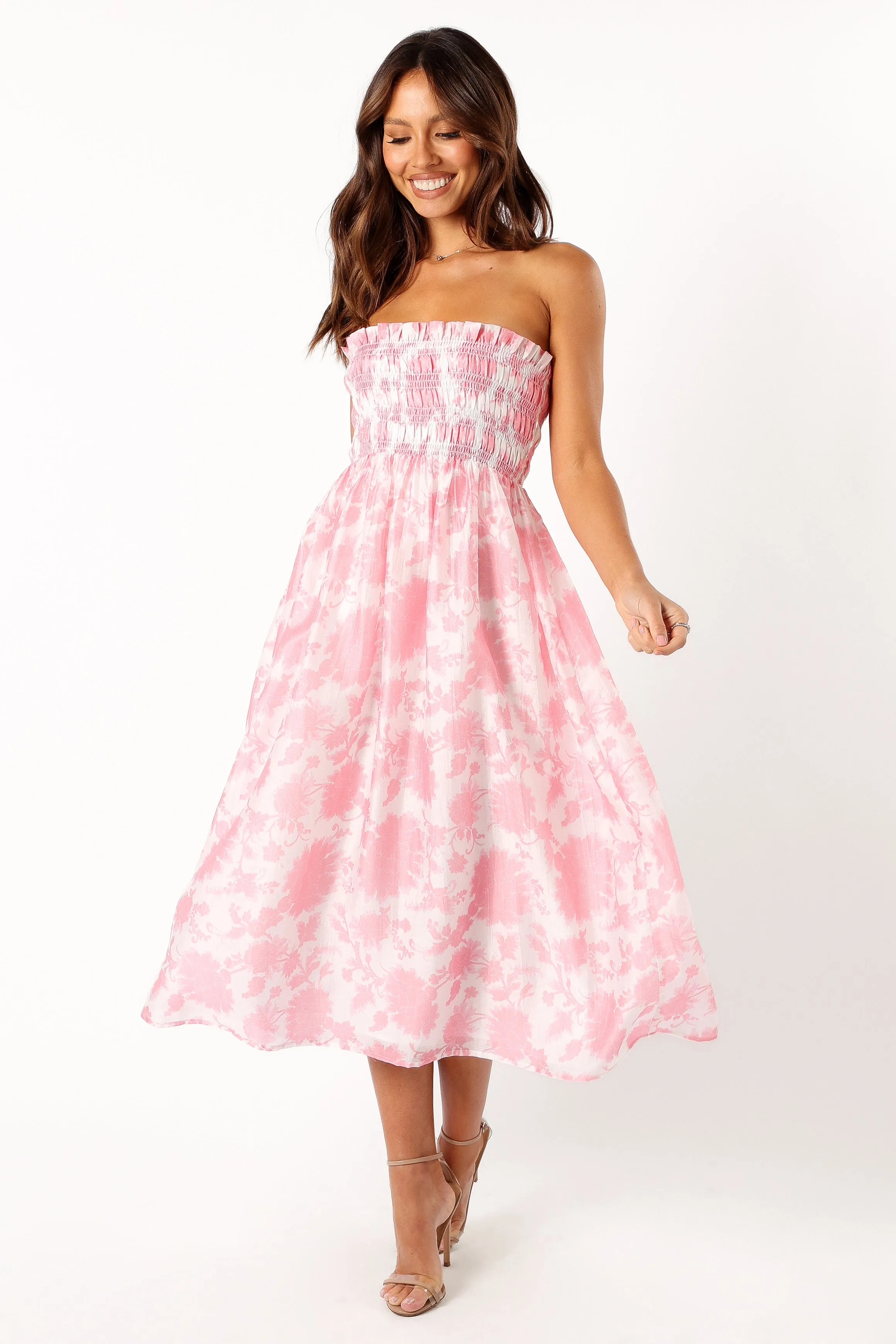 Carter Strapless Midi Dress - Pink Floral