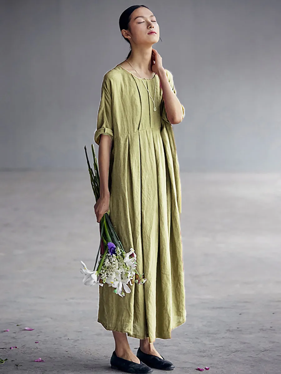 Chinese Style Elegant Pleated Loose Linen Dress