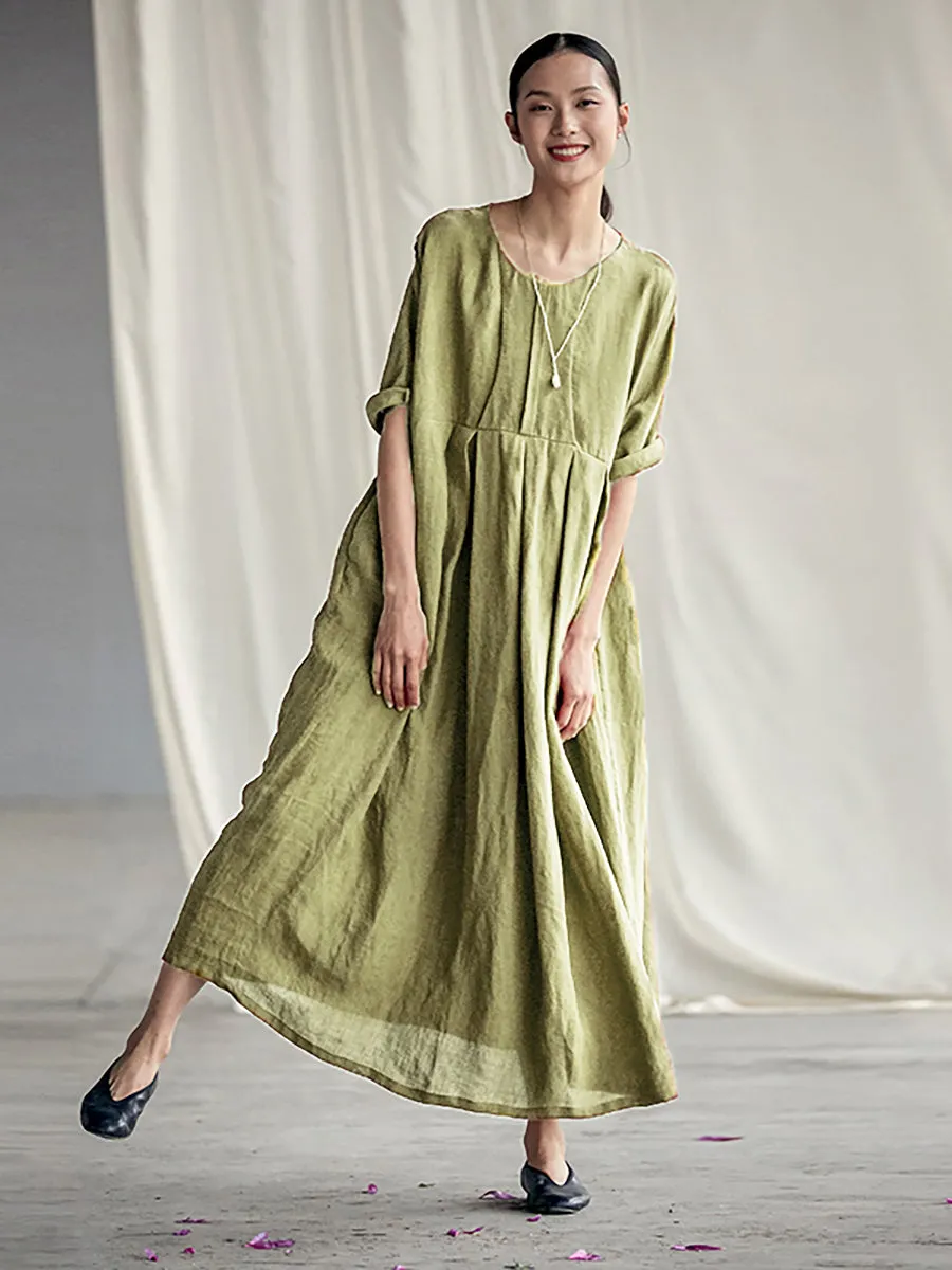 Chinese Style Elegant Pleated Loose Linen Dress