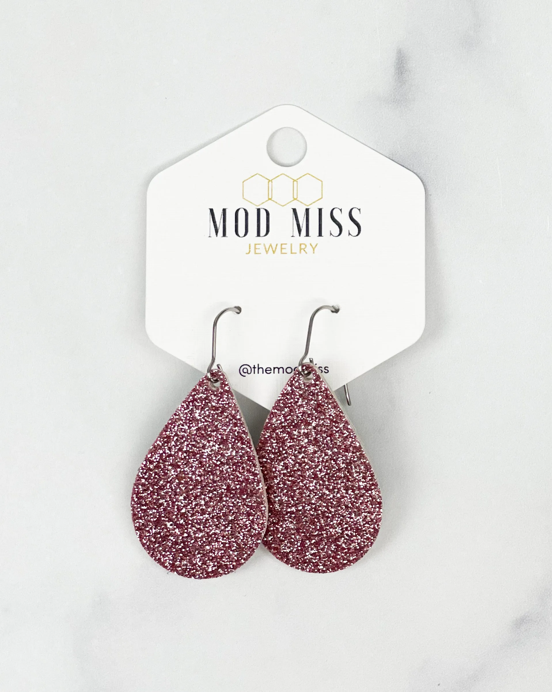 Cork Leather Teardrop Earring Fine Glitter Rose pink