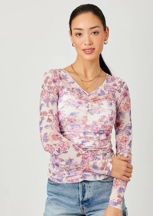 Cream Floral Ruched Top