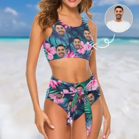 Custom Husband Face Tropical Plants Bikini Personalized Bathing Suit High-cut Tie-waist Bikini Bottom Swimsuit Summer Beach Pool Outfits