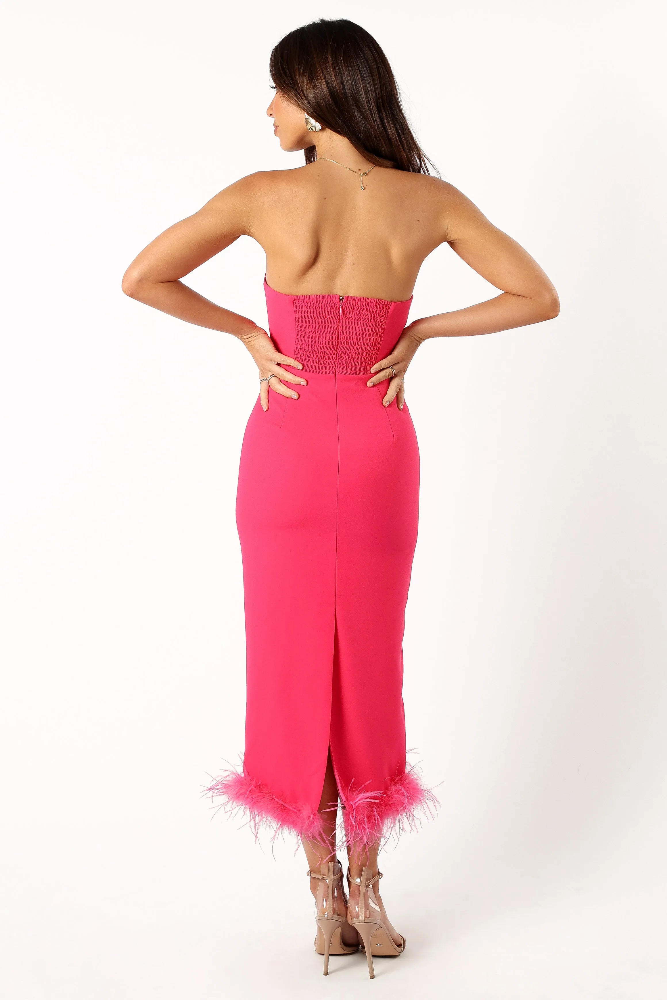 Darbie Strapless Feather Midi Dress - Berry