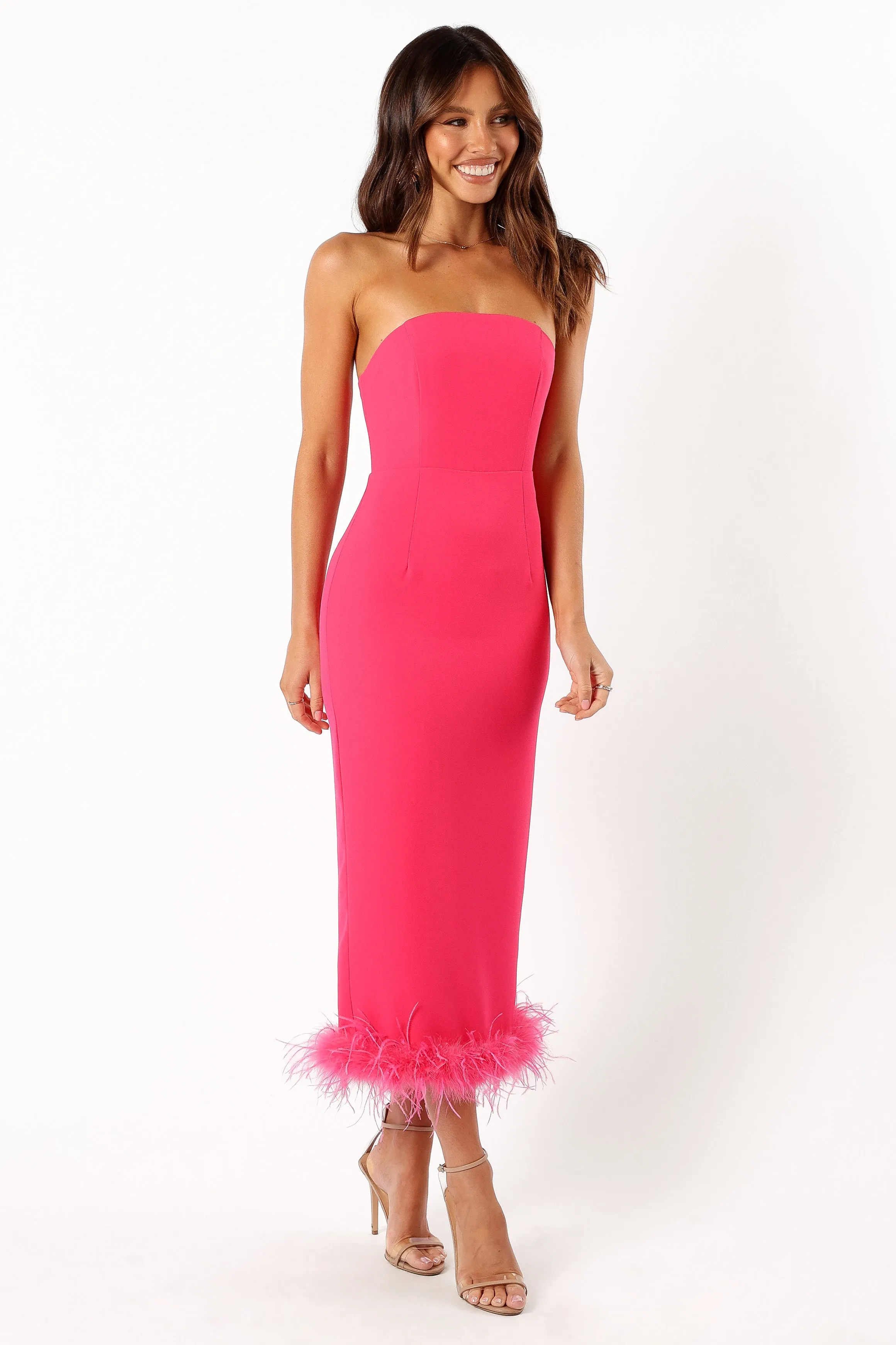 Darbie Strapless Feather Midi Dress - Berry