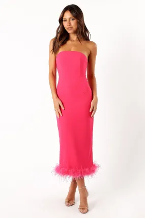 Darbie Strapless Feather Midi Dress - Berry