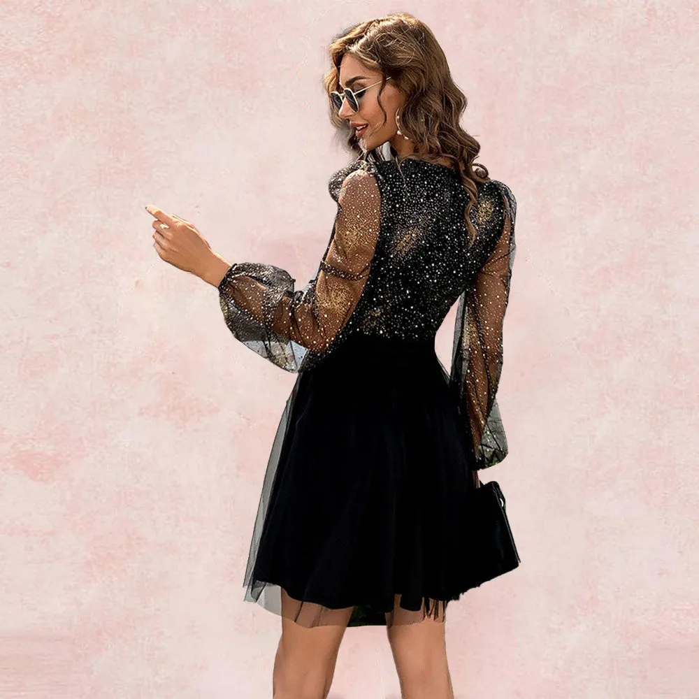 Deep V Mesh Sequin Glitter Mini Dress