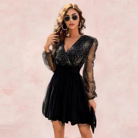 Deep V Mesh Sequin Glitter Mini Dress