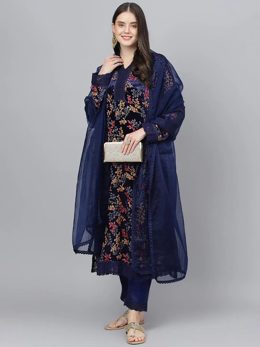 Divena Blue Floral Burn Out Velvet Kurta pant With Organza Dupatta set