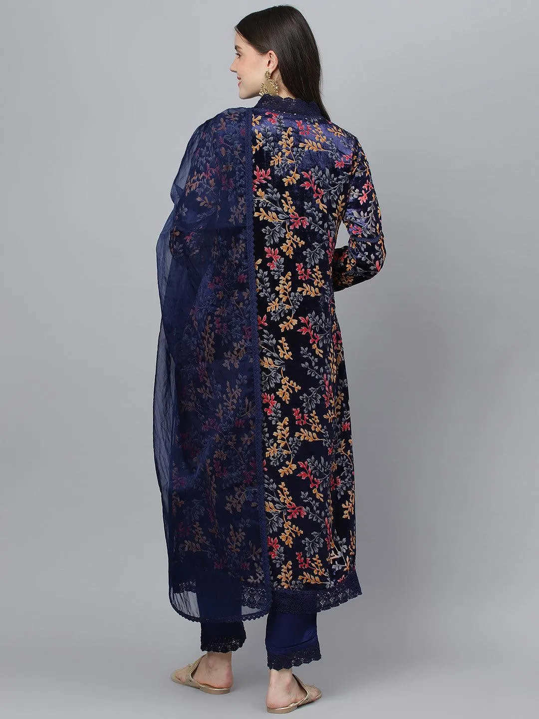 Divena Blue Floral Burn Out Velvet Kurta pant With Organza Dupatta set