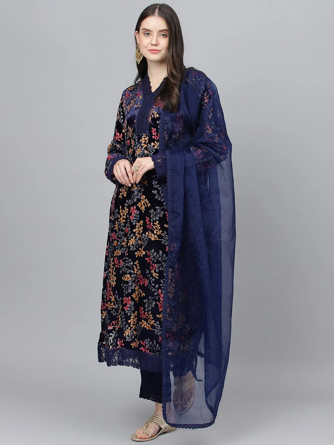 Divena Blue Floral Burn Out Velvet Kurta pant With Organza Dupatta set