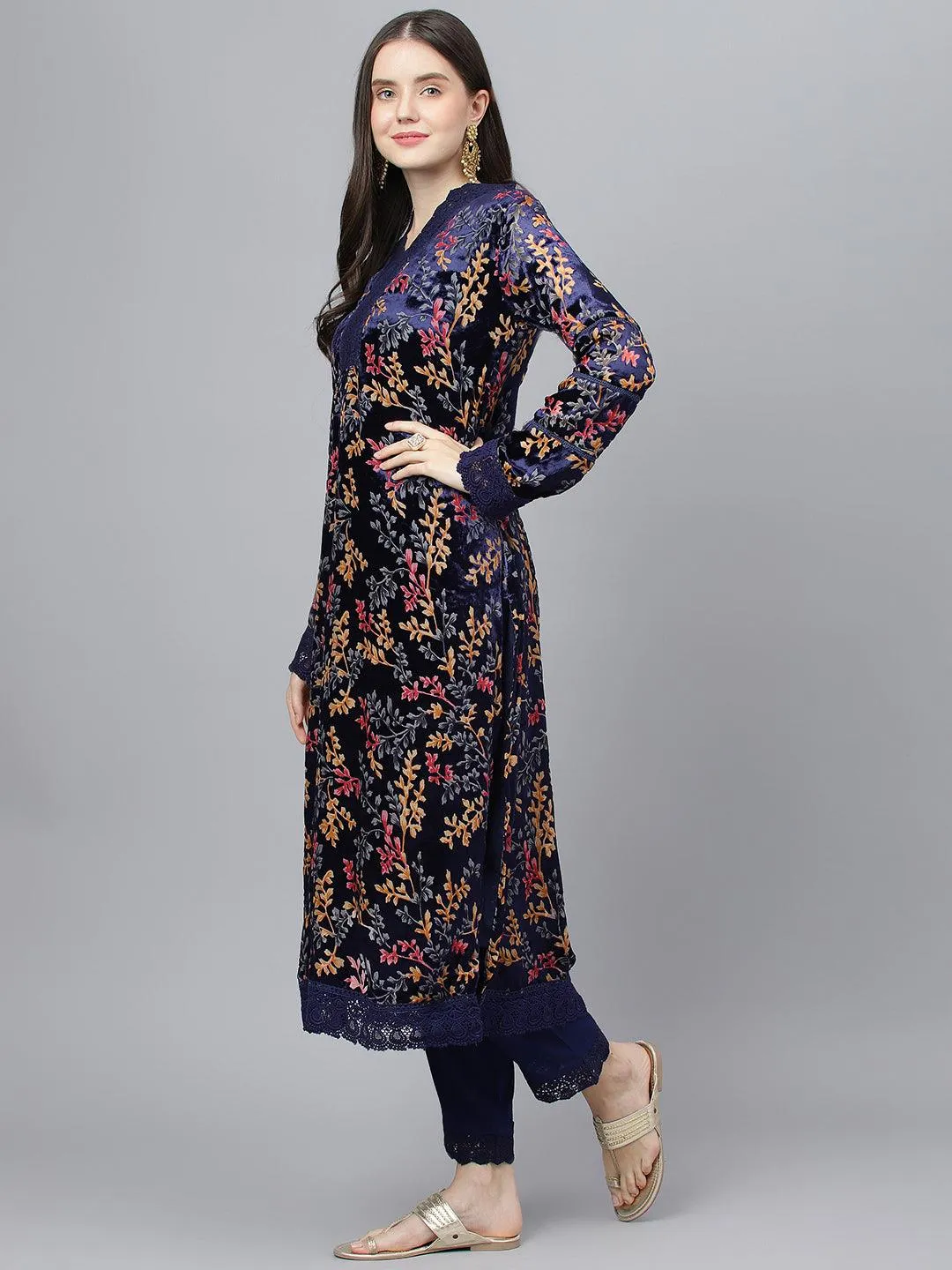 Divena Blue Floral Burn Out Velvet Kurta pant With Organza Dupatta set