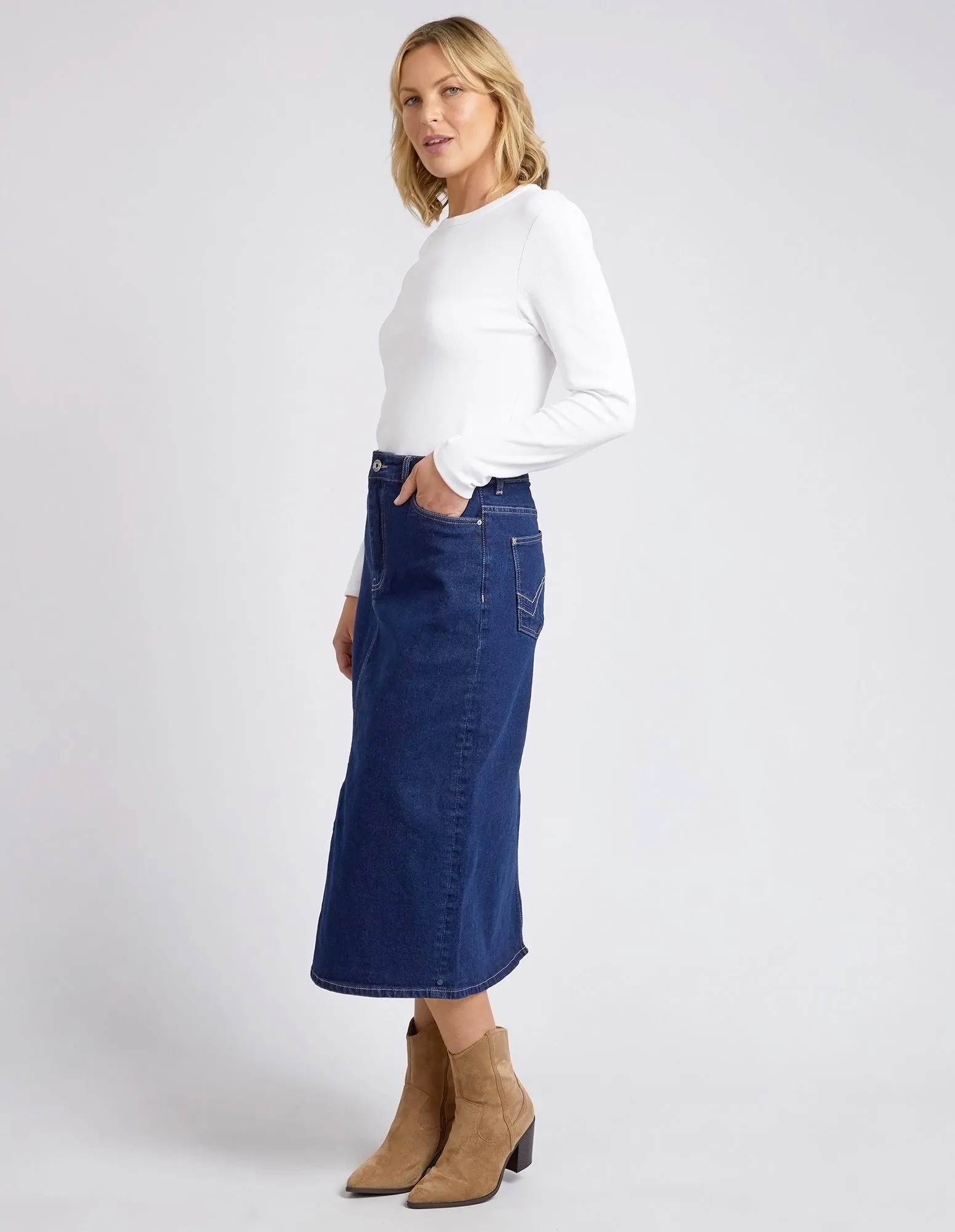 Elm Eloise Denim Midi Skirt - Dark Blue Wash